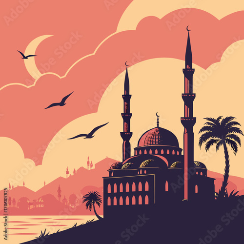 Silhouette of a grand mosque with towering minarets and a dome against a vibrant sunset sky with flying birds and palm trees