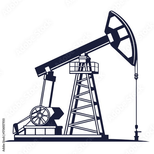Silhouette of a dark blue oil pump jack rig extracting crude oil from the ground on a white background