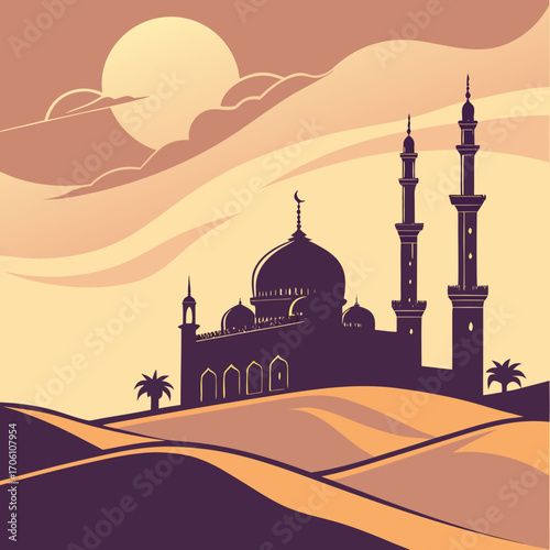 Silhouette of a majestic mosque with tall minarets and a dome against a warm sunset sky with clouds and rolling desert dunes