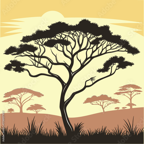 Silhouette of a large acacia tree in the foreground against a pale yellow sky with a setting sun and distant acacia trees on rolling hills