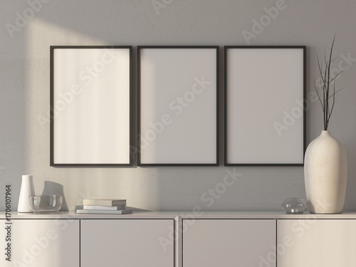 Three poster Art Frames Mockup hanging on wall, 3d rendering