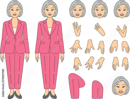 Senior woman character set pink suit diverse poses expressions and body parts for design