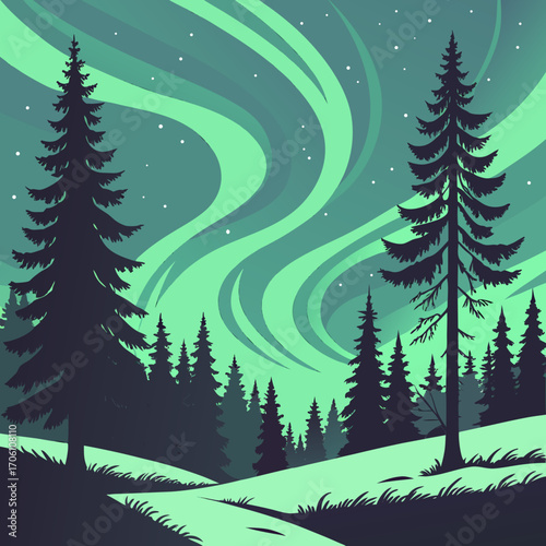 Silhouette of coniferous trees against a vibrant green aurora borealis sky with stars in a winter landscape
