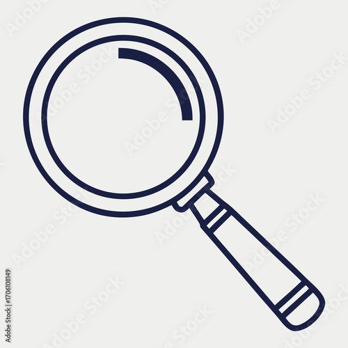 Simple dark blue outline of a magnifying glass on a light neutral background representing search and discovery