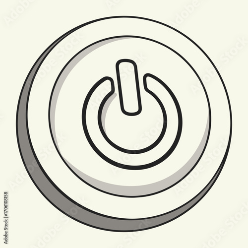 Simple black and white power button symbol icon with a subtle shadow effect on a light cream background