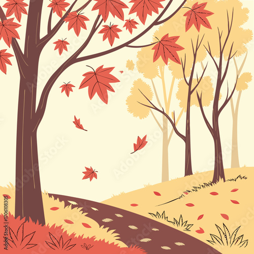 Stylized autumn landscape with falling red maple leaves and trees on a gentle slope with a winding path