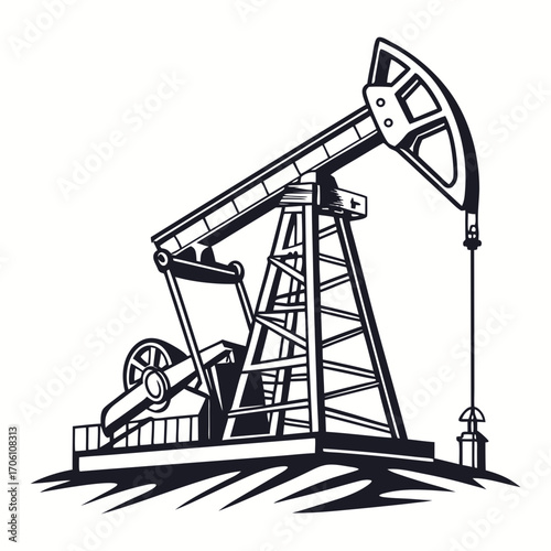 Stylized black and white illustration of an oil pumpjack extracting crude oil from the ground