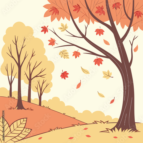Stylized autumn scene with falling leaves and trees in warm orange and yellow colors