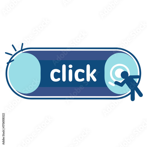 Stylized blue button with the word click and a silhouette of a person interacting with a circular element
