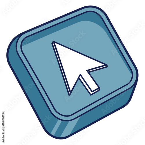 Stylized blue square button with a white cursor arrow icon indicating a digital click or selection action