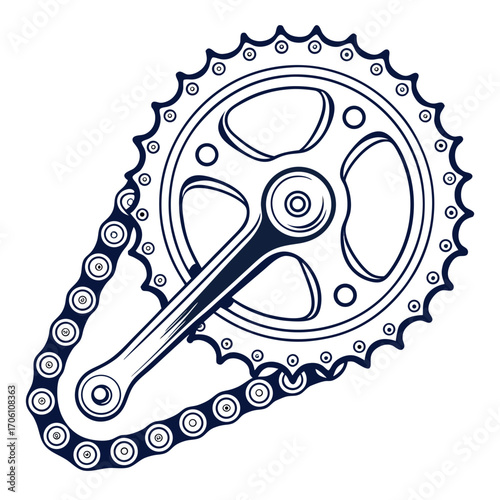 Stylized dark blue line art illustration of a bicycle crankset and chain on a white background