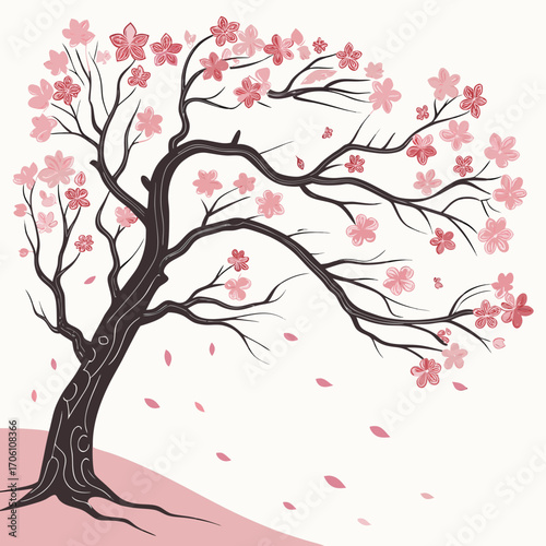 Stylized dark brown cherry blossom tree with delicate pink flowers and falling petals against a pale background