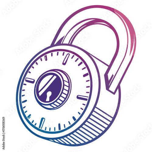 Stylized hand drawn illustration of a combination padlock with a gradient color scheme from blue to purple on a white background