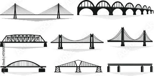 Bridge silhouette vector set, cable-stayed, suspension, arch, truss, cantilever, beam styles, black and white engineering illustration for architecture and design