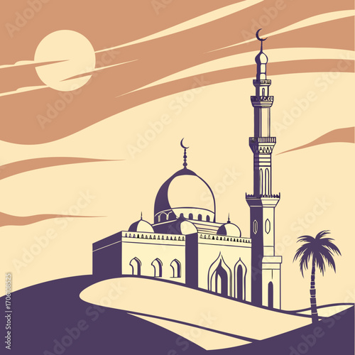 Stylized illustration of a majestic mosque with a tall minaret and dome under a warm desert sun and cloudy sky