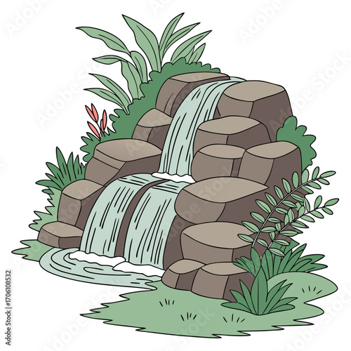 Stylized illustration of a serene waterfall cascading over rocks surrounded by lush greenery and foliage