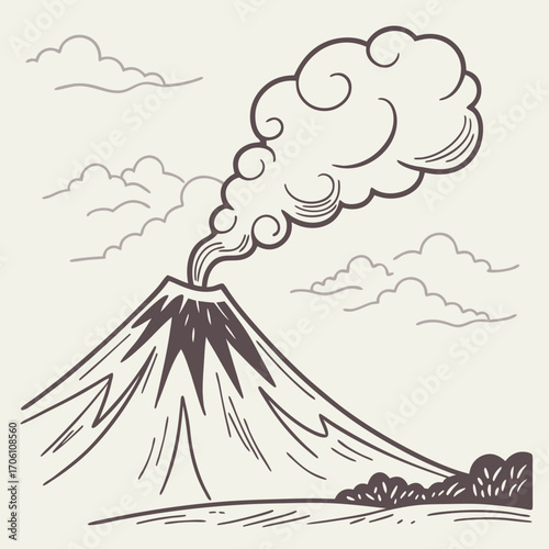 Stylized illustration of a smoking volcano erupting with a large plume of smoke against a backdrop of simple clouds and landscape