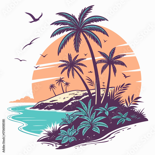 Stylized illustration of a tropical island paradise with palm trees and ocean waves under a sunset sky