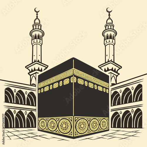 Stylized illustration of the kaaba in mecca with flanking minarets and arched structures against a beige background