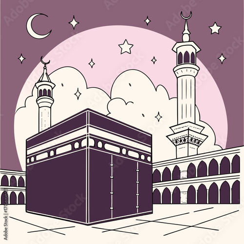Stylized illustration of the kaaba in mecca with minarets and crescent moon under a starry sky