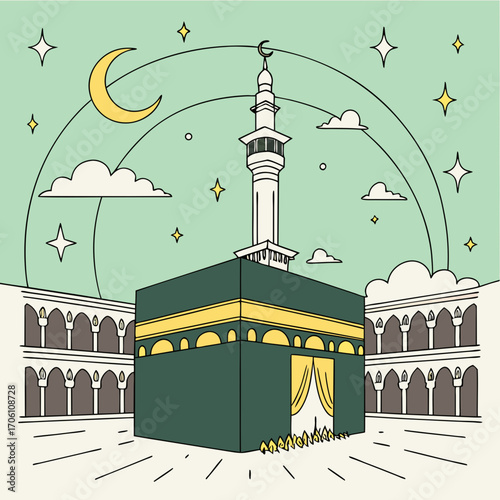 Stylized illustration of the kaaba in mecca with a minaret crescent moon stars and clouds under a pastel green sky