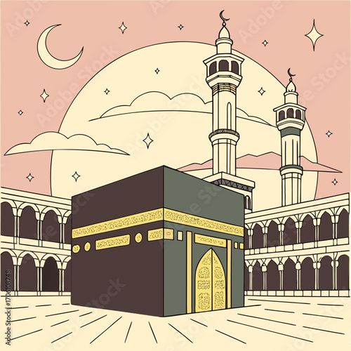 Stylized illustration of the kaaba in mecca with minarets crescent moon and stars under a soft pastel sky