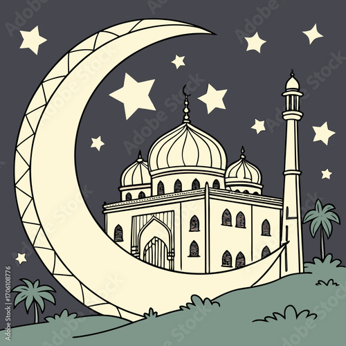 Stylized islamic mosque with crescent moon and stars in a dark night sky with palm trees and rolling hills