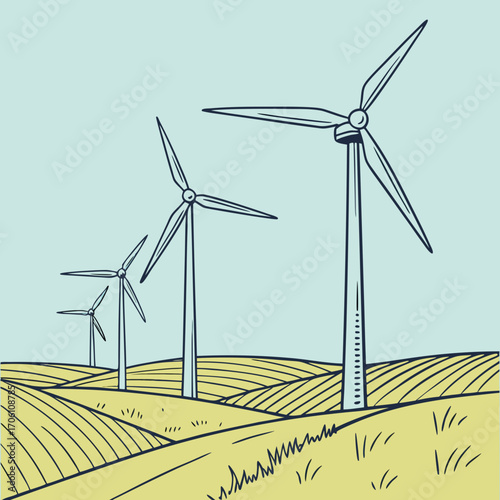 Stylized illustration of wind turbines in a rolling field under a clear blue sky representing renewable energy generation