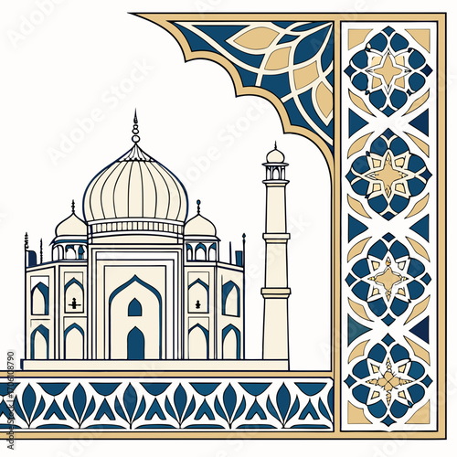 Stylized illustration of the taj mahal monument with intricate islamic geometric patterns and decorative archway