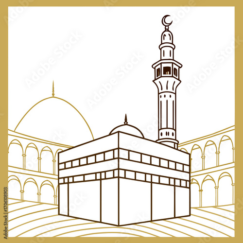 Stylized line art illustration of the kaaba and minaret in mecca with arches and golden border
