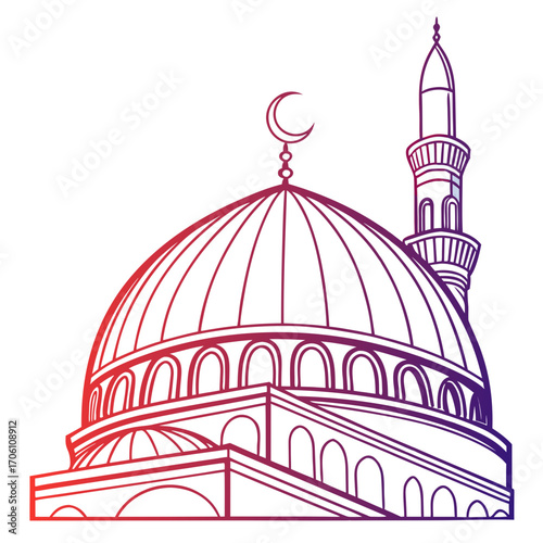 Stylized outline of a mosque dome and minaret with a crescent moon symbol and gradient colors