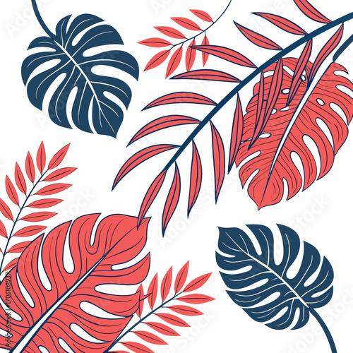 Stylized tropical foliage pattern with monstera and palm leaves in coral and navy blue on white background