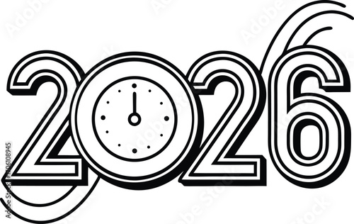 Happy new year 2026 with a clock face silhouette