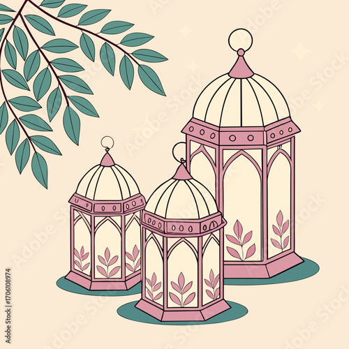 Three ornate islamic lanterns with decorative leaves and branches against a soft pastel background with subtle sparkles