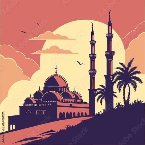 Stylized silhouette of a majestic mosque with towering minarets and palm trees against a vibrant sunset sky