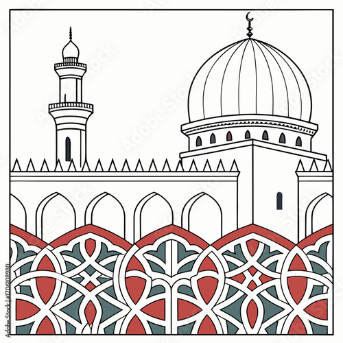 Traditional islamic mosque architecture with dome minaret and decorative geometric patterns in red and teal colors