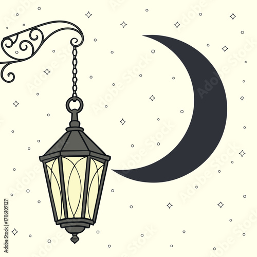 Vintage hanging lantern illuminated with warm light against a dark crescent moon and starry night sky background