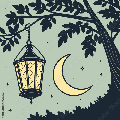 Vintage lantern hanging from a tree branch under a crescent moon with stars in a stylized night sky