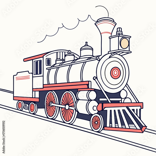 Vintage steam locomotive with red and blue accents traveling on train tracks emitting smoke
