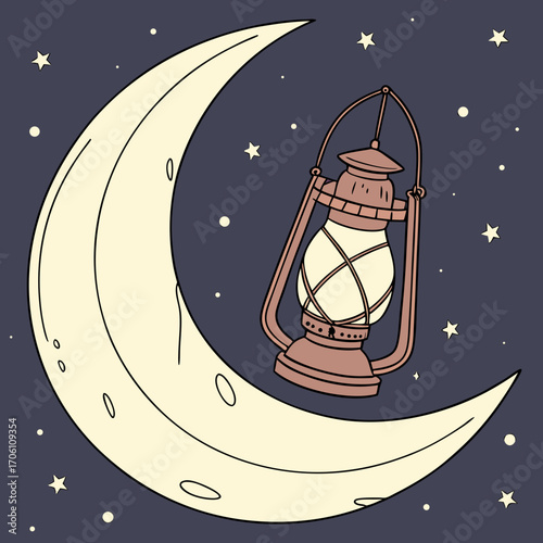 Whimsical illustration of a crescent moon hanging in a starry night sky with a vintage lantern illuminating the scene