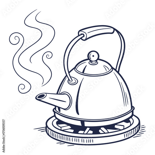 Vintage style line art illustration of a steaming kettle on a stove top with swirling steam wisps