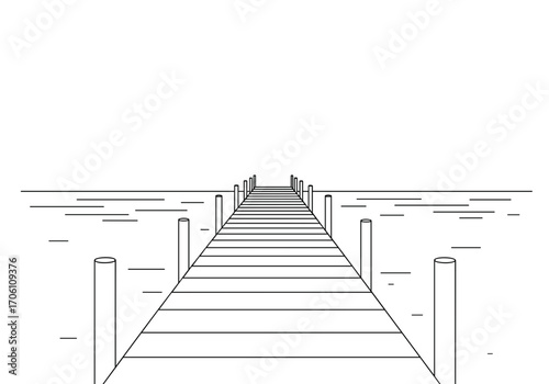 Wooden pier stretching into calm water with minimal outline design  