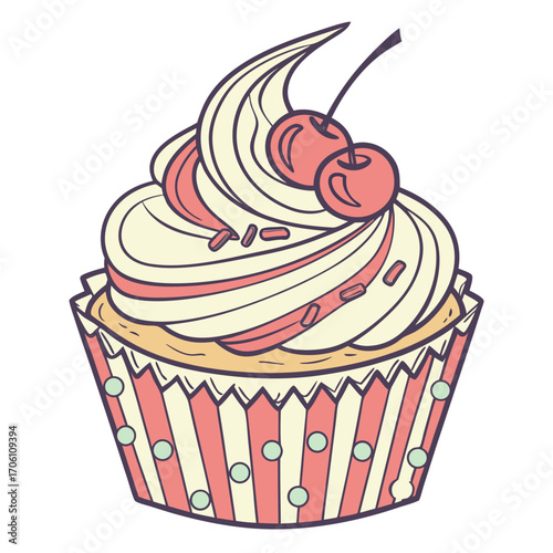 Whimsical illustration of a delicious cupcake with swirls of cream frosting and two red cherries on top