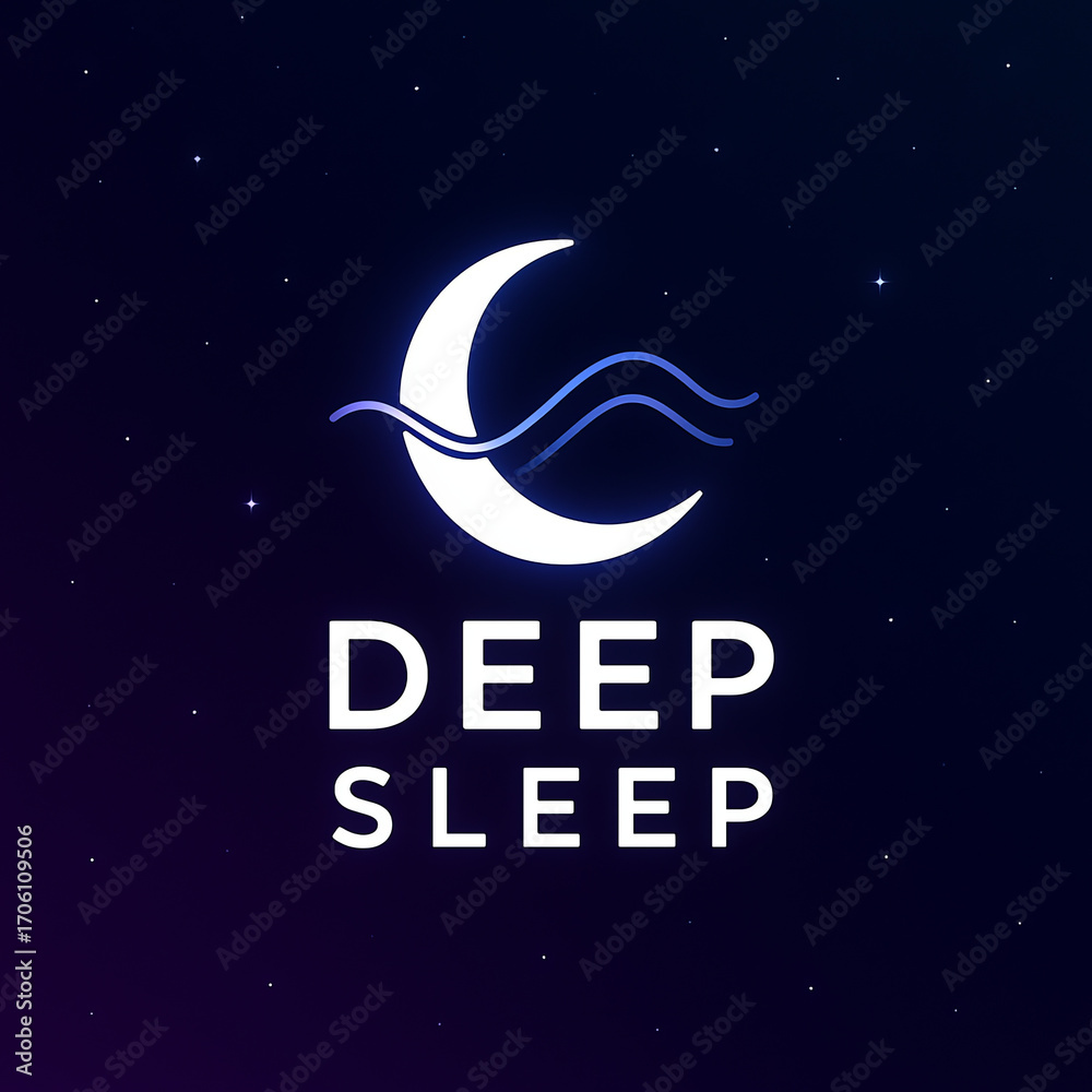 Fototapeta premium Logo design for relaxation and sleep with a crescent moon and stars on a cosmic background, promoting calm tranquility