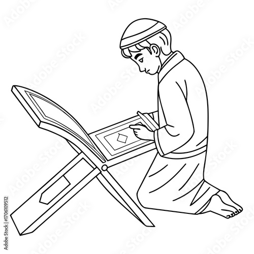 Young muslim boy wearing a cap and traditional clothing kneeling and reading the quran on a wooden stand