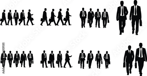 Businesspeople walking silhouette set, black-and-white illustrations of professionals in suits and briefcases for corporate, commuting, teamwork, and workplace themes