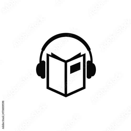 Book with headphones symbolizing audiobook and digital learning on a white background. EPS 10.