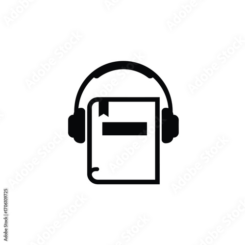 Book with headphones symbolizing audiobook and digital learning on a white background. EPS 10.