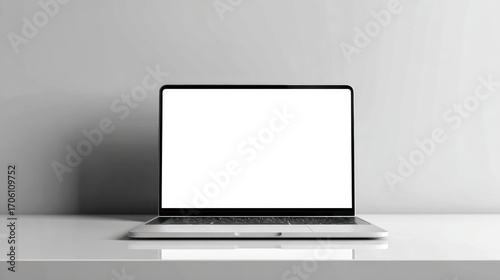 Minimalist laptop on a white surface against a neutral wall, showcasing a clean, modern aesthetic, with a blank white screen for design placement