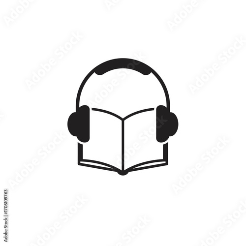 Book with headphones symbolizing audiobook and digital learning on a white background. EPS 10.